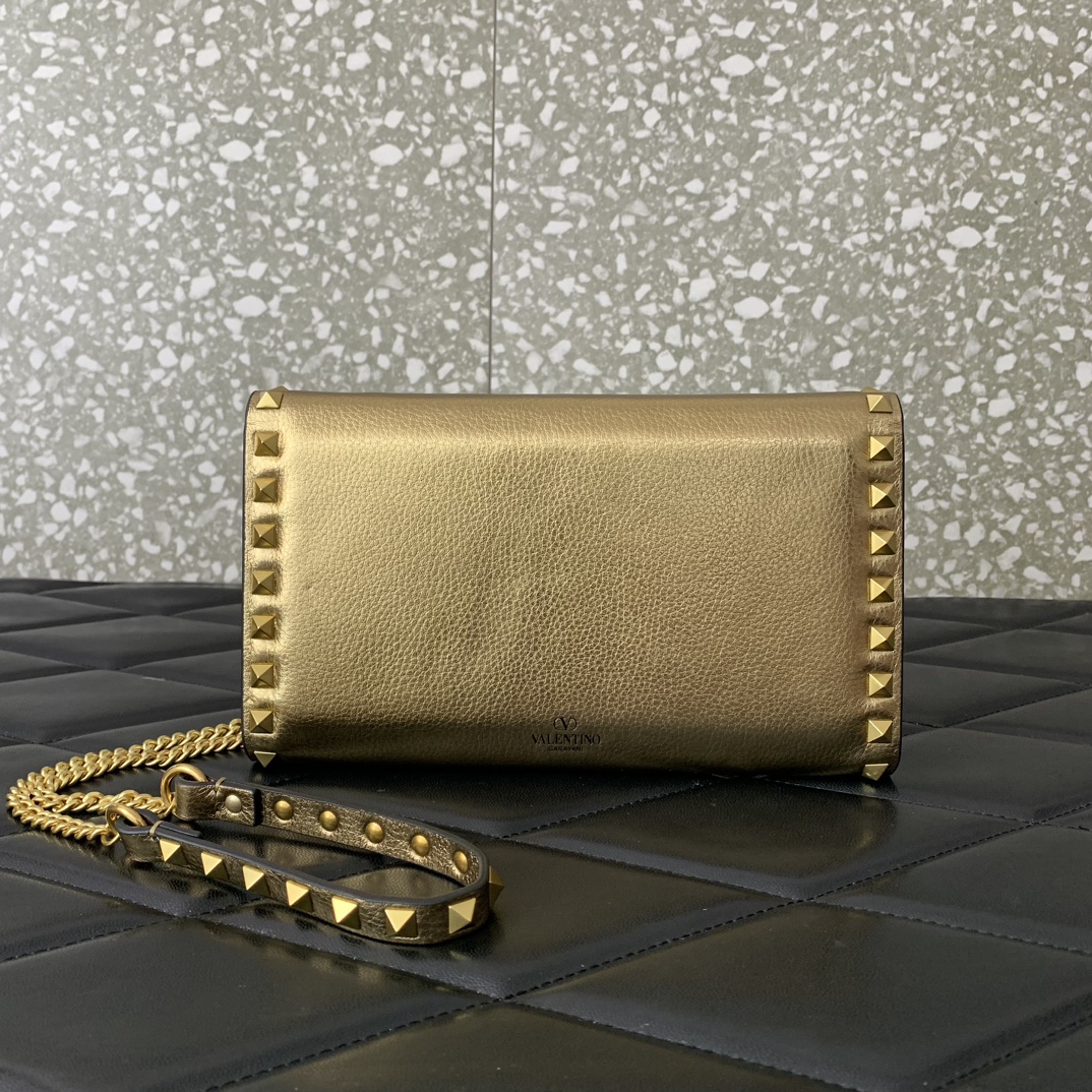 Valentino Garavani Rockstud Small Shoulder Bag in Gold Grainy Calfskin